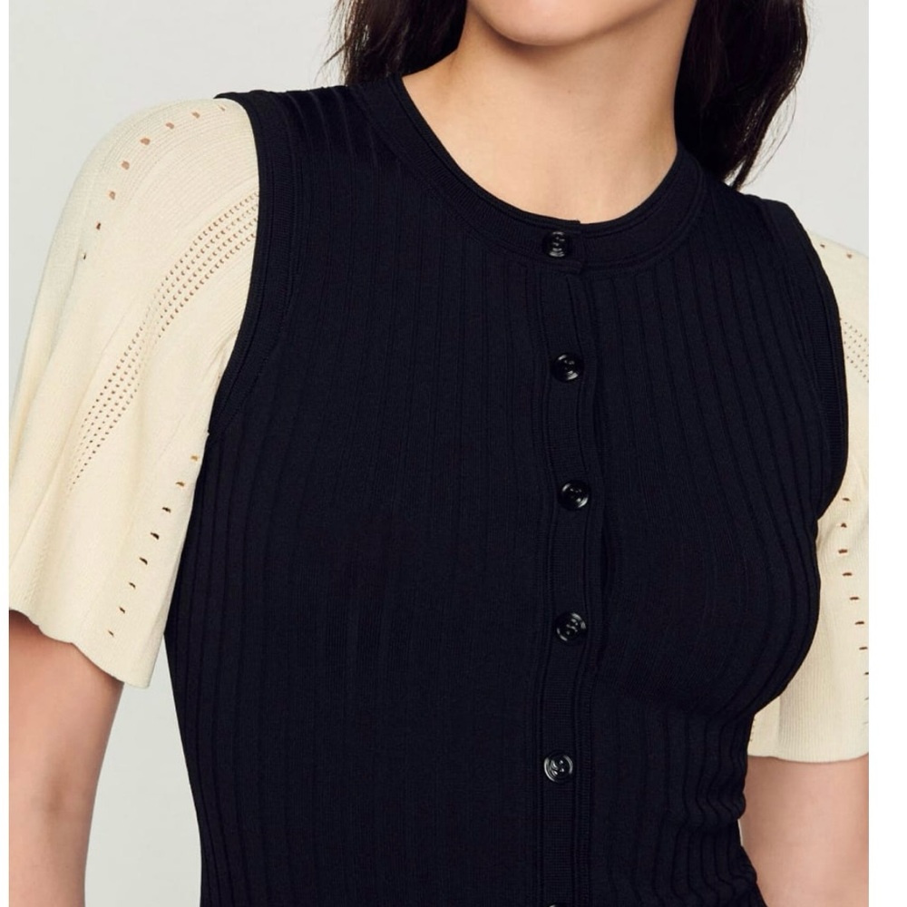 Sandro Black and Cream Pleated Midi dress 38 - Picture 5 of 11